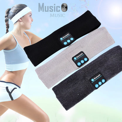 Black Bluetooth sports headband with integrated audio controls and 110mAh battery for workouts