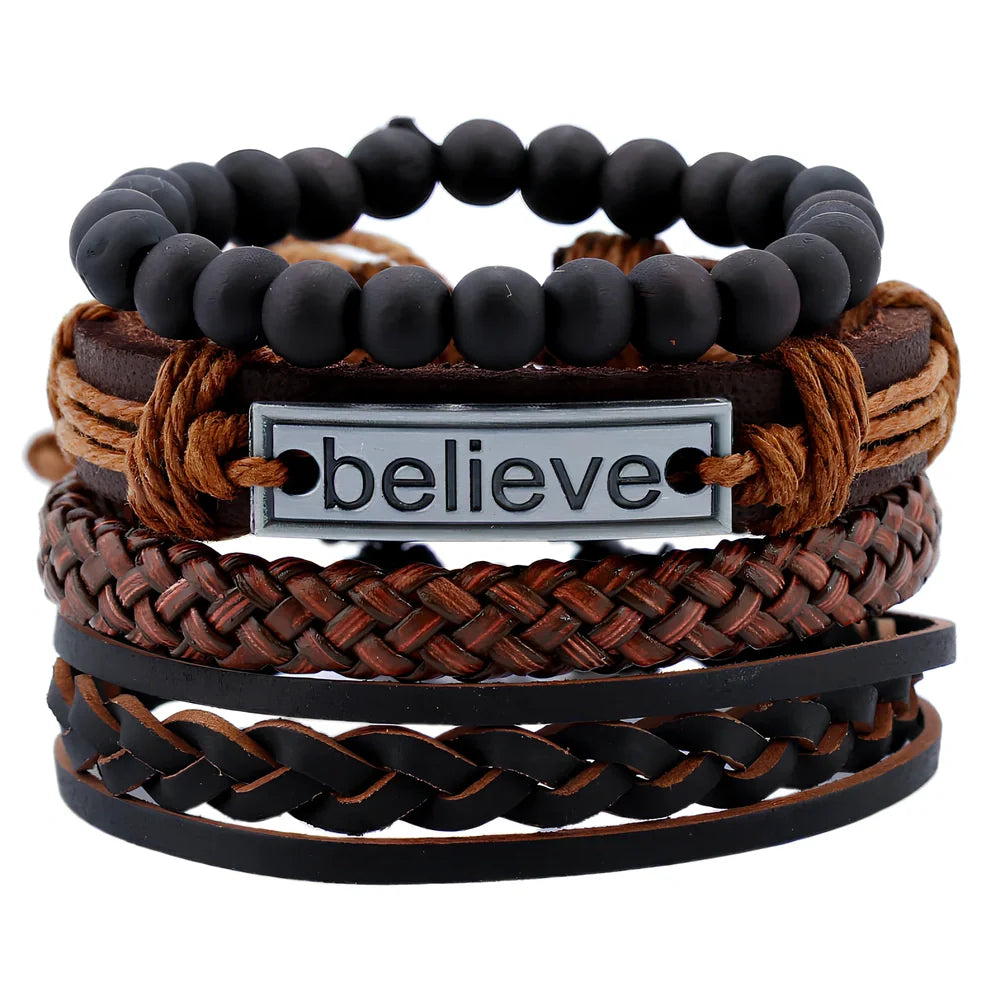 Brown leather men's bracelet with geometric cutouts, adjustable 15-20cm fit, unisex European style