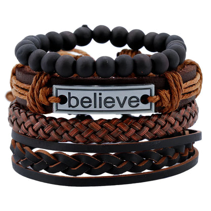 Brown leather men's bracelet with geometric cutouts, adjustable 15-20cm fit, unisex European style