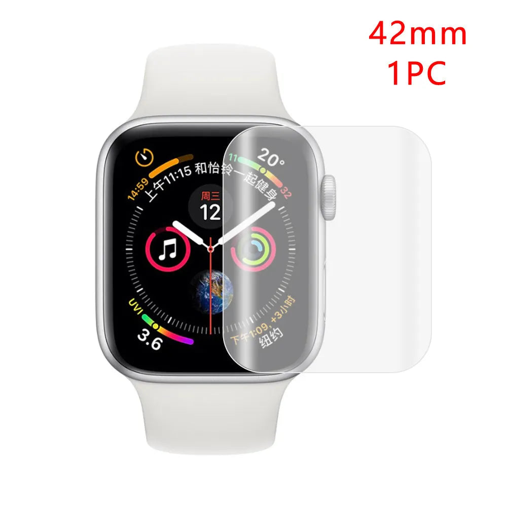 Full screen hydrogel protective film for Apple Watch showing full coverage on a 44mm watch face
