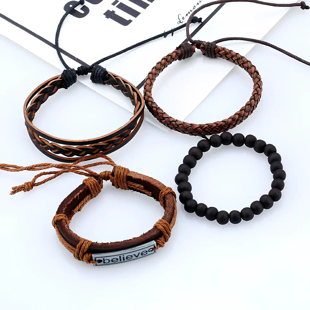 Brown leather men's bracelet with geometric cutouts, adjustable 15-20cm fit, unisex European style