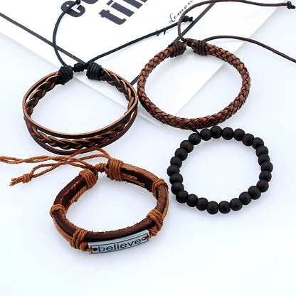 Brown leather men's bracelet with geometric cutouts, adjustable 15-20cm fit, unisex European style