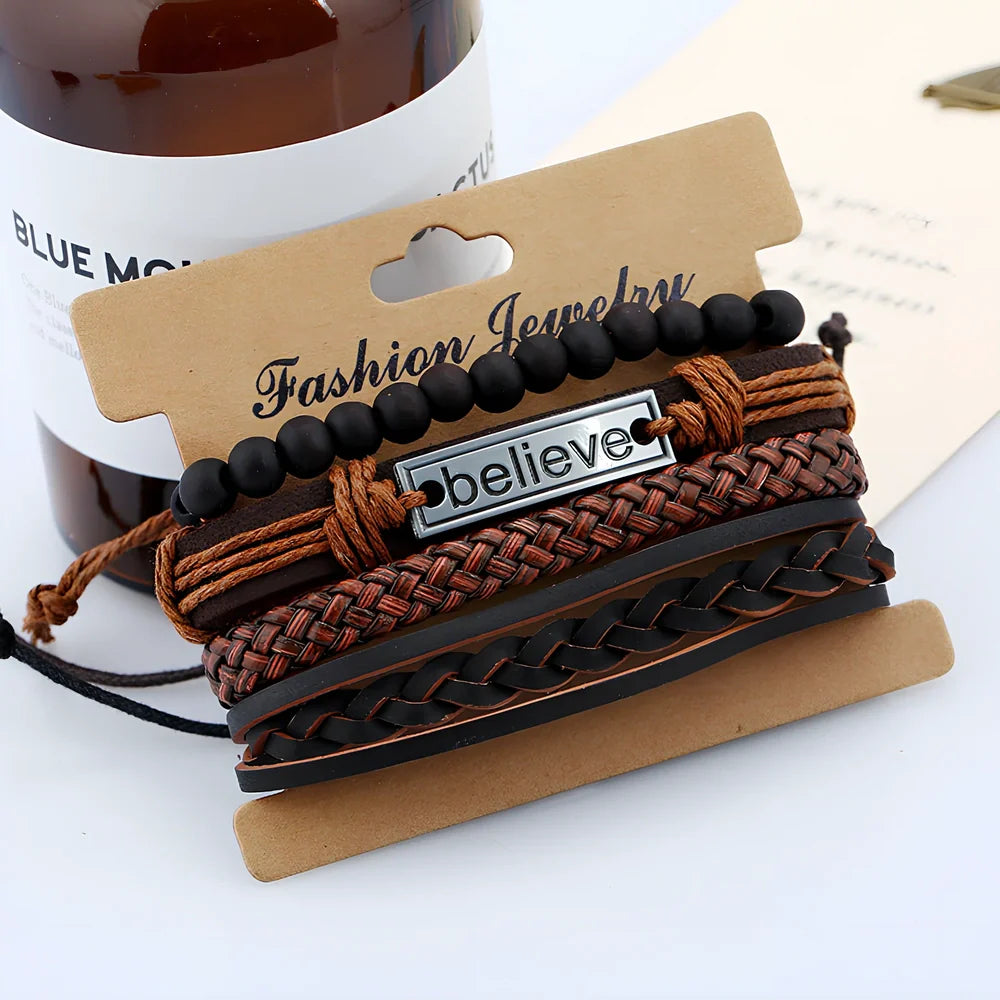 Brown leather men's bracelet with geometric cutouts, adjustable 15-20cm fit, unisex European style