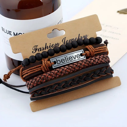 Brown leather men's bracelet with geometric cutouts, adjustable 15-20cm fit, unisex European style