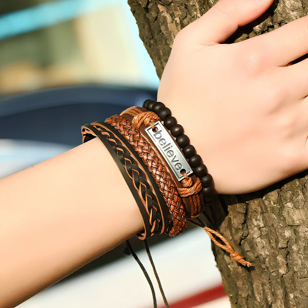 Brown leather men's bracelet with geometric cutouts, adjustable 15-20cm fit, unisex European style