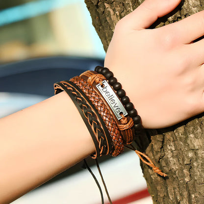 Brown leather men's bracelet with geometric cutouts, adjustable 15-20cm fit, unisex European style