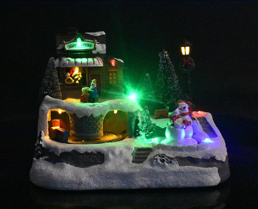 Christmas village LED light music house decoration with rotating figures and colourful lights