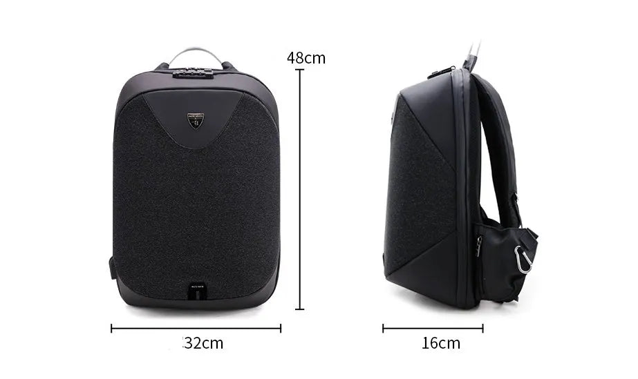 Men's anti-theft cross body shoulder bag for 15.6 inch laptop in black polyester with multiple pockets