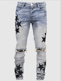 Men's slim stretch blue jeans with embroidery detailing on denim fabric