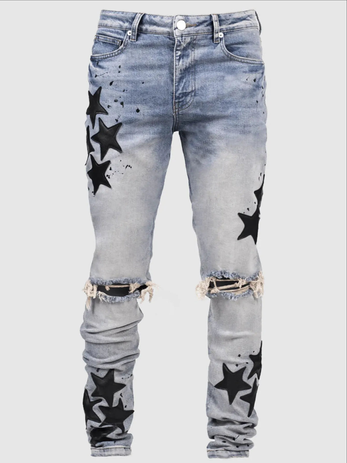 Men's slim stretch blue jeans with embroidery detailing on denim fabric