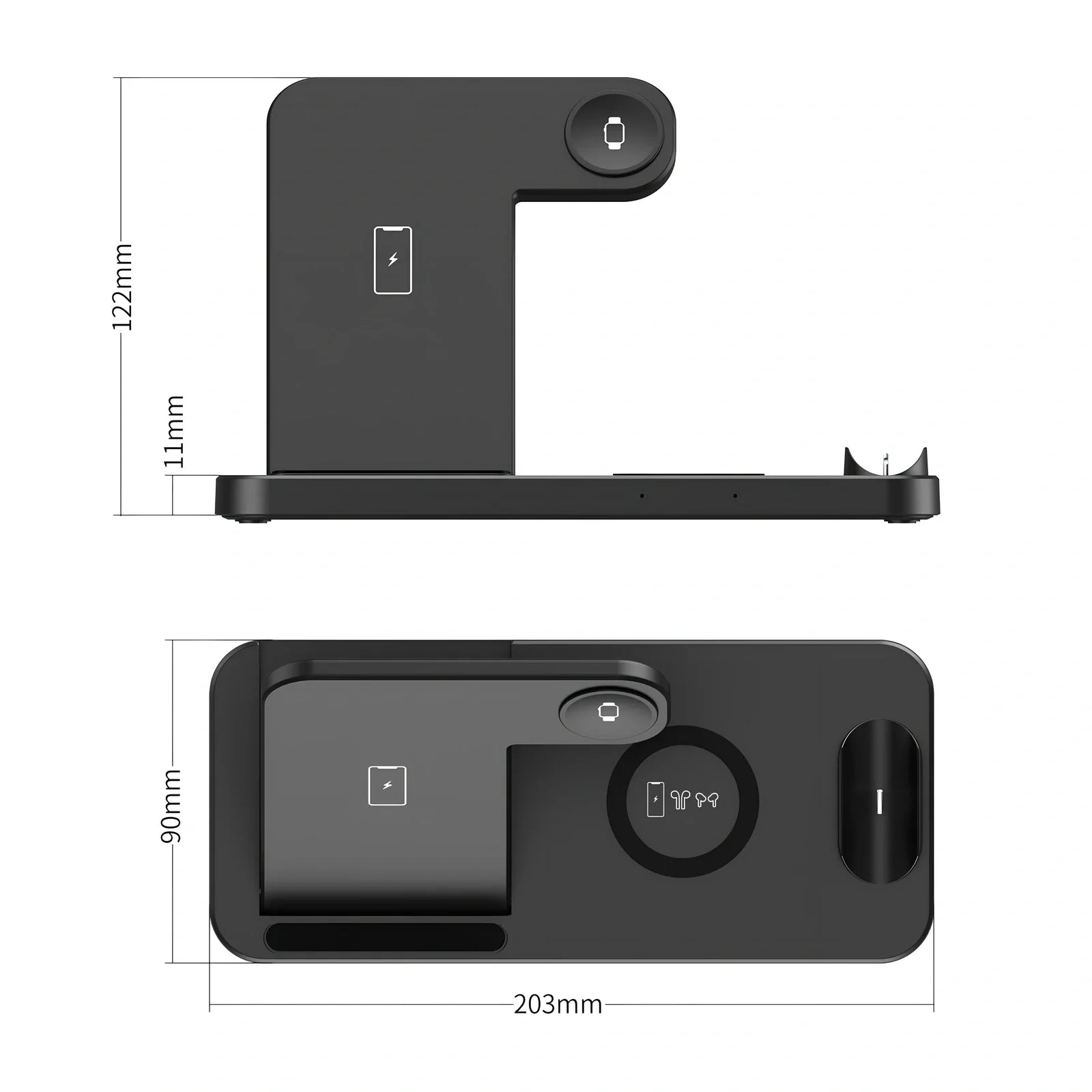 Black three-device wireless charger with phone and watch charging on non-slip base