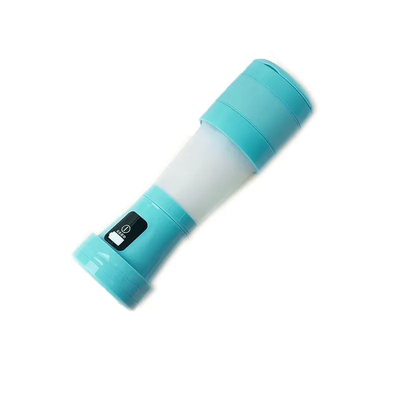 Blue mini portable blender with stainless steel blades, shown extended and folded next to a USB cable.