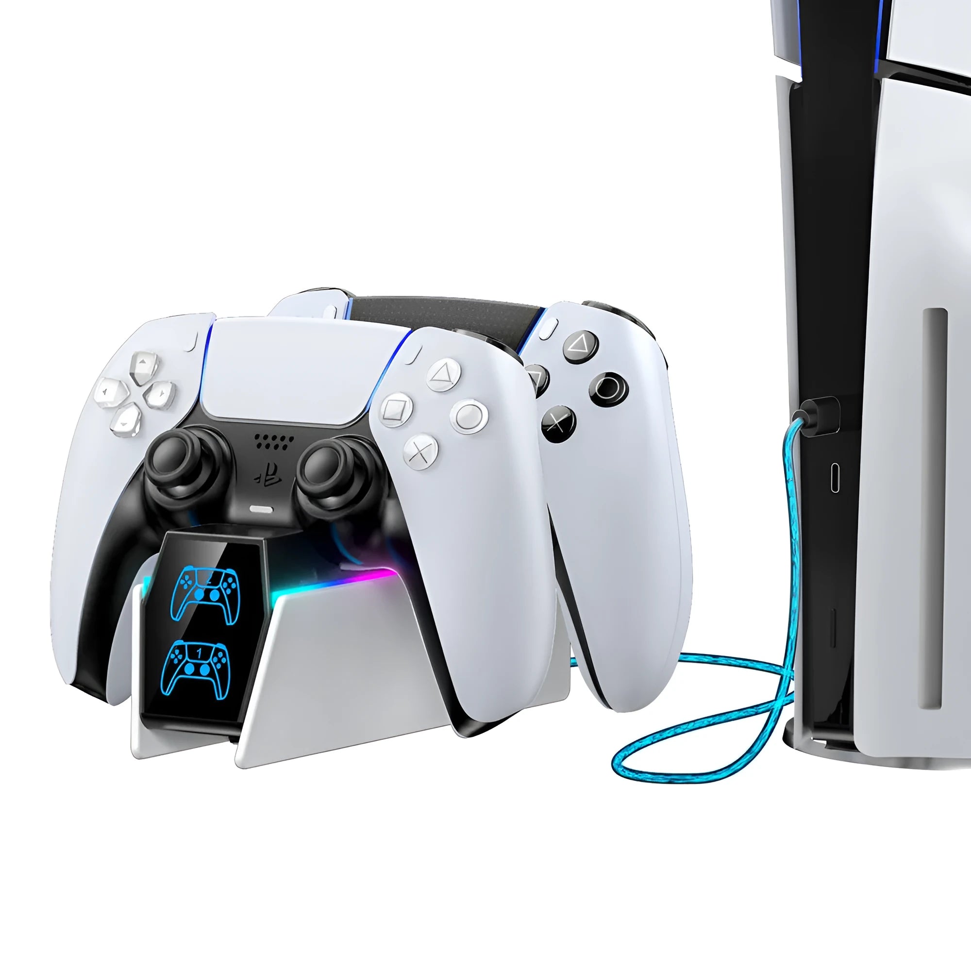 White PS5 wireless Bluetooth handle charger with LED indicator and RGB lighting on a desk