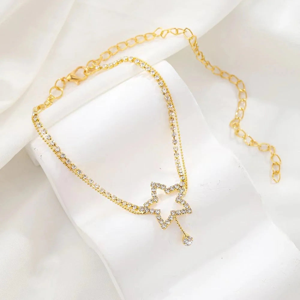 Women's five-pointed star heart shape rhinestone bead necklace anklet in gold or silver