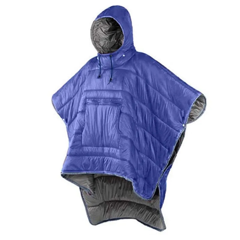 Army Green outdoor cloak sleeping bag worn as garment showing 200x140cm dimensions