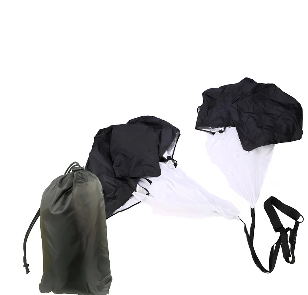Black 56 inch speed training parachute with adjustable belt providing 15-33 pounds resistance for running