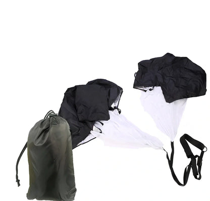 Black 56 inch speed training parachute with adjustable belt providing 15-33 pounds resistance for running