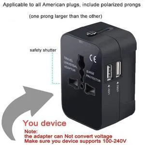 Global Pass Multi-function Travel Adapter in black with dual USB ports and foldable plugs