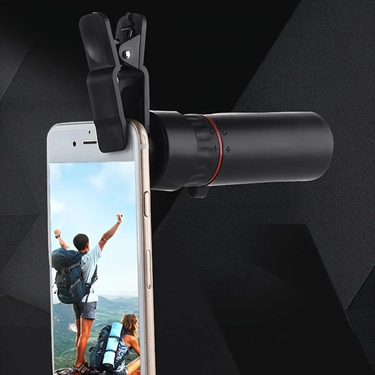 Black portable monocular telescope with mobile phone holder for outdoor observation
