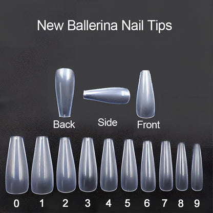 Pack of 500 clear and natural ballet shaped false nails in 10 sizes, ABS material for professional application