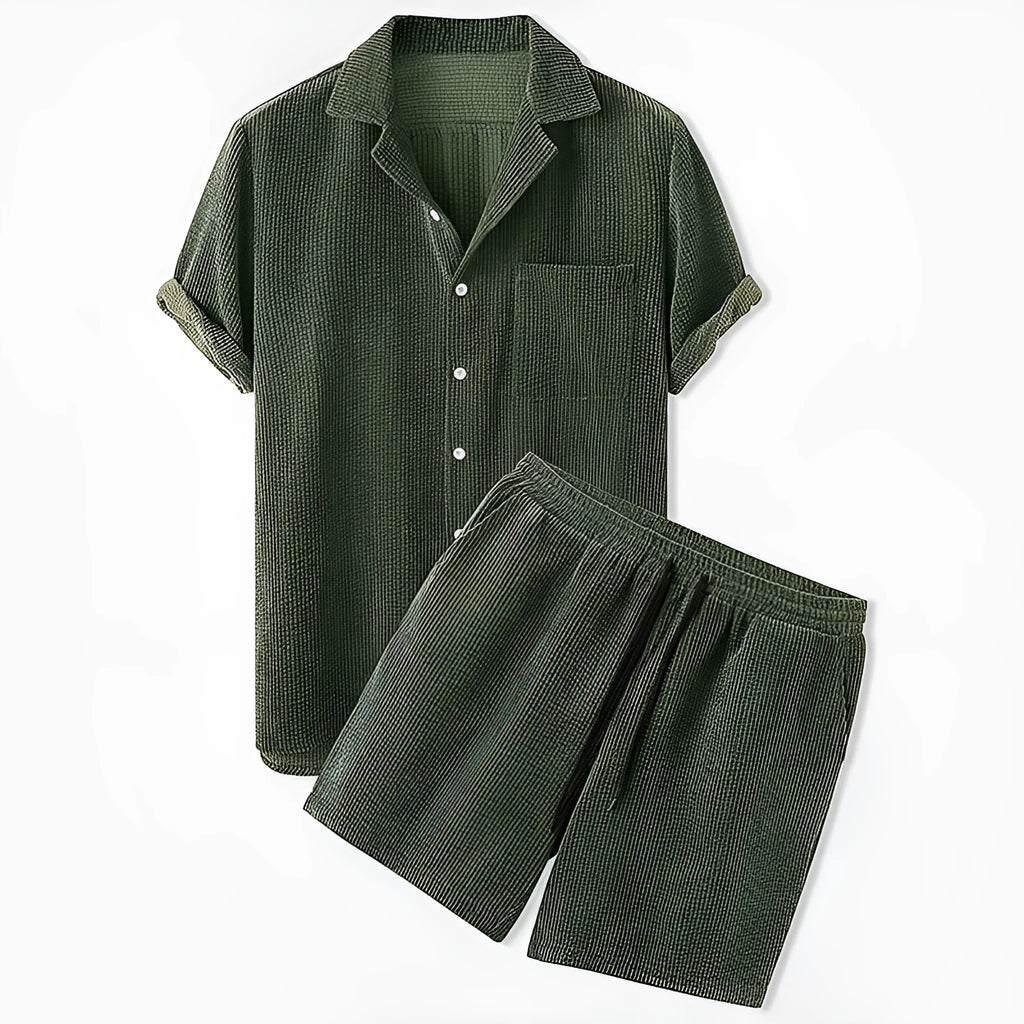 Corduroy short sleeve suit two piece set in yellow with matching top and shorts for women