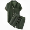 Corduroy short sleeve suit two piece set in yellow with matching top and shorts for women