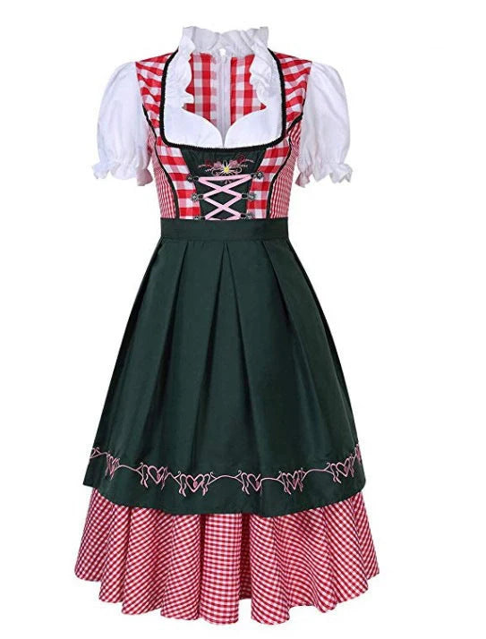 Women's Oktoberfest ethnic dress in red denim with apron and ribbon, sizes S to XXL