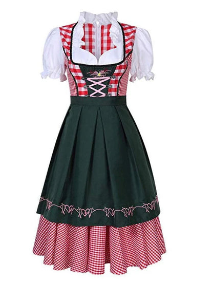 Women's Oktoberfest ethnic dress in red denim with apron and ribbon, sizes S to XXL