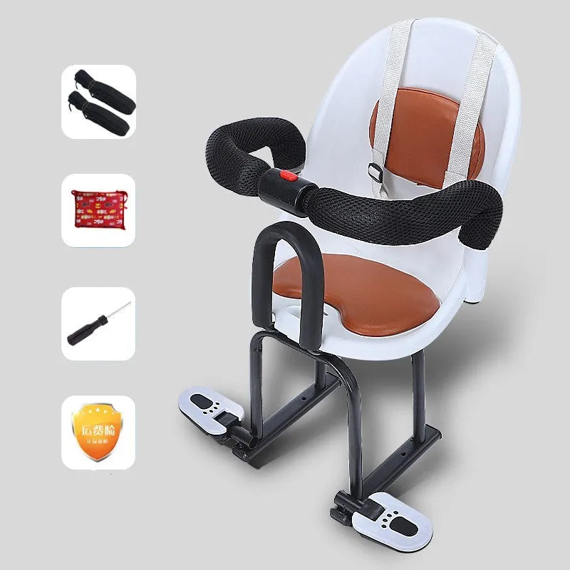 Front-mounted black child safety seat for a battery scooter with a high carbon steel frame.