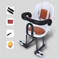 Front-mounted black child safety seat for a battery scooter with a high carbon steel frame.