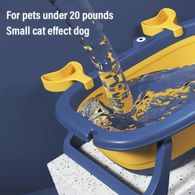 Blue portable foldable pet bath tub for cats and small dogs on a rust-resistant frame