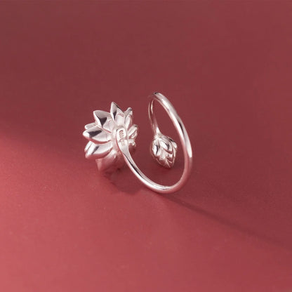 Adjustable Chinese-style white lotus ring in silver electroplated finish