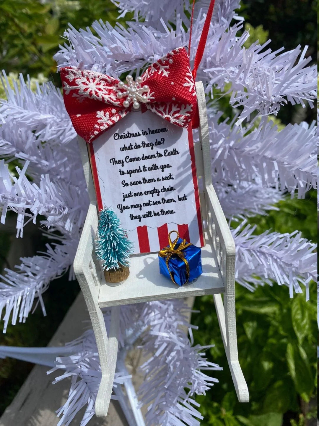 Heaven Chair Christmas Ornament in red, white, and wood colour for memorial decoration