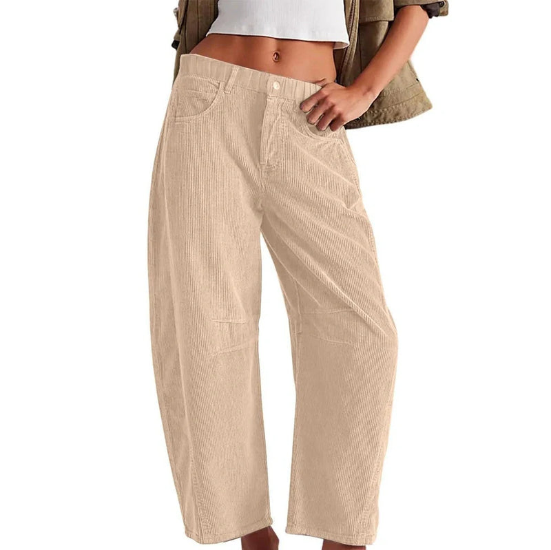 Corduroy straight-leg trousers for women with a loose fit, available in sizes XS to 2XL, featuring a 100% polyester fabric composition for easy maintenance and a range of five colours including dark green and dark blue.