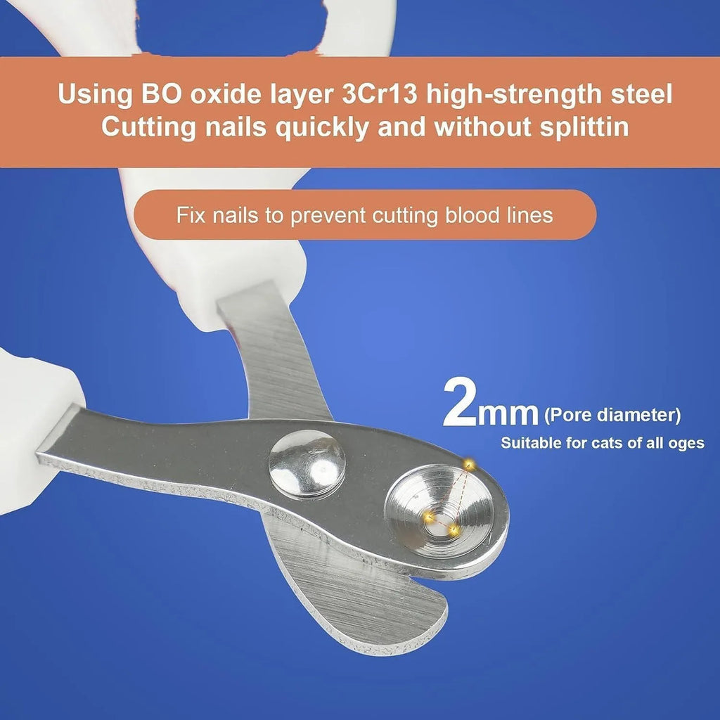 Blue pet nail clipper with circular cut hole and cushioned non-slip handle