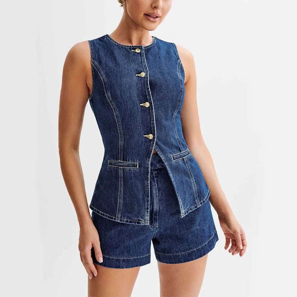 Denim vest and high waist shorts set for women, perfect for summer wear