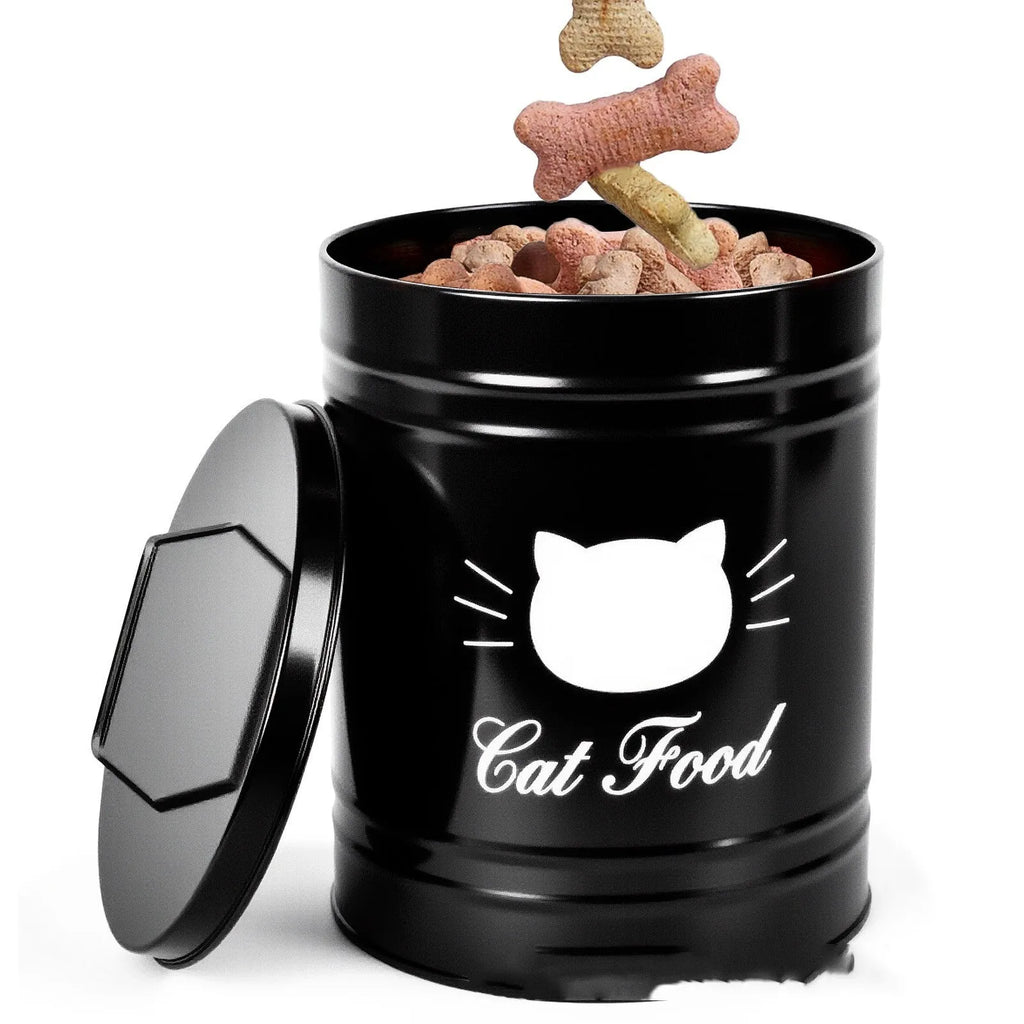 Round black and white iron sheet storage cans with lids for kitchen dry food storage.