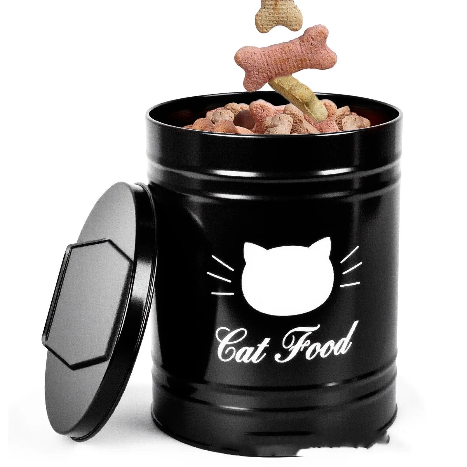 Round black and white iron sheet storage cans with lids for kitchen dry food storage.