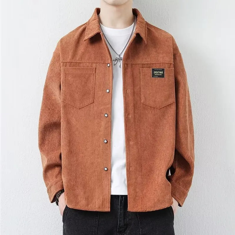 Men's long-sleeved corduroy jacket in cardigan style shown in khaki colour.