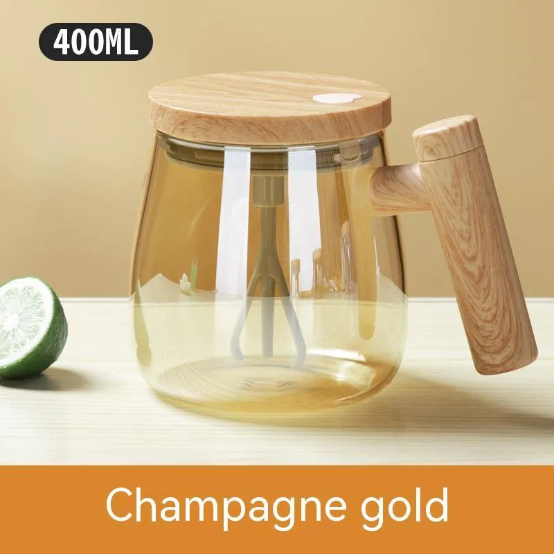 400ml automatic self-stirring coffee mug in borosilicate glass with electric mixing button.