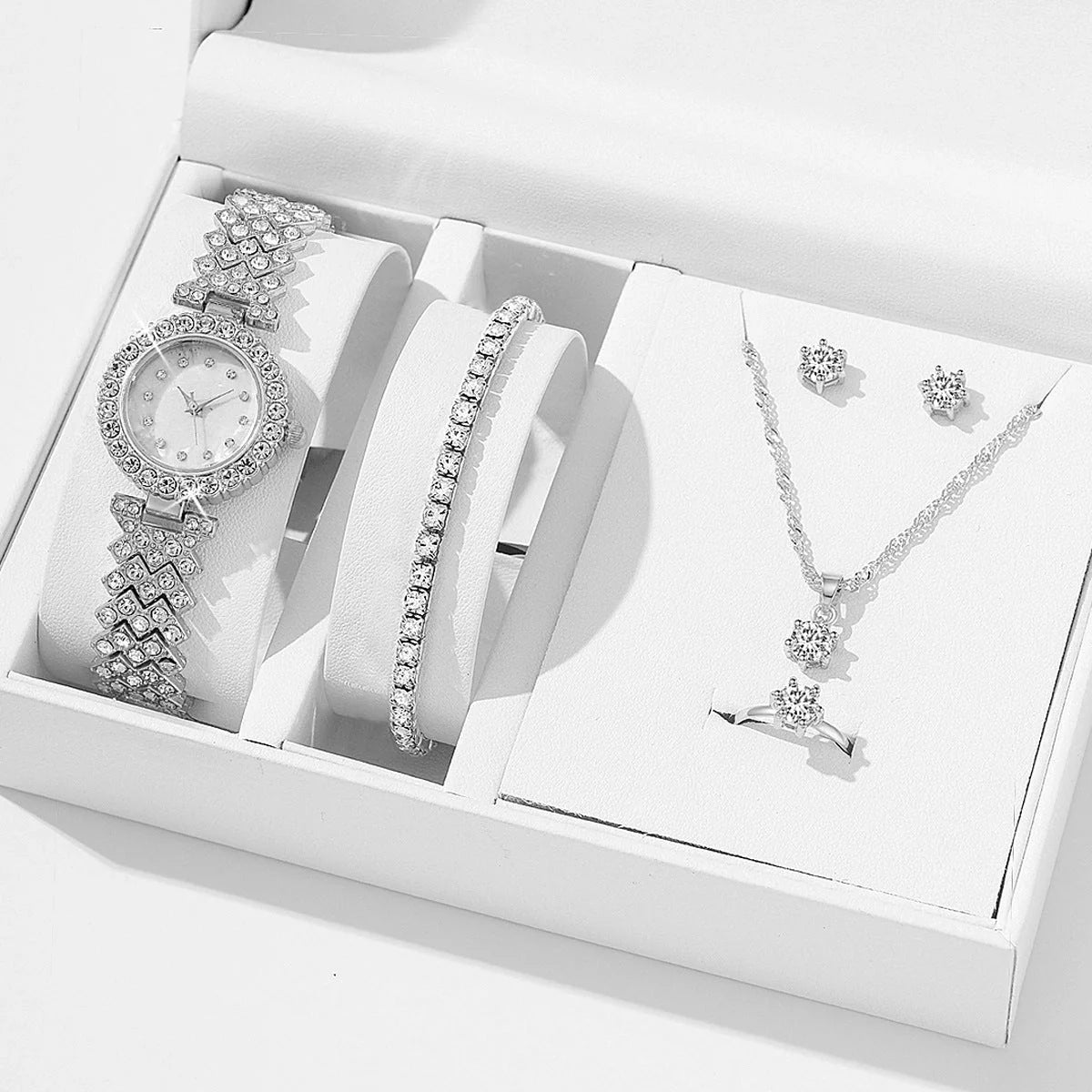 Diamond women's watch with rhinestone quartz bracelet and matching jewellery set