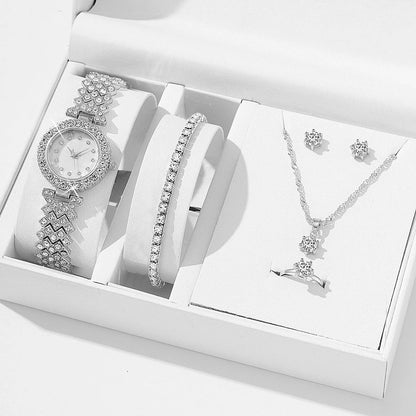Diamond women's watch with rhinestone quartz bracelet and matching jewellery set