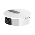 White 720p HD home theatre projector with remote control on a wooden surface.