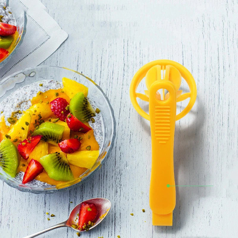 Manual tomato slicer with serrated knife for even dicing, available in red and yellow