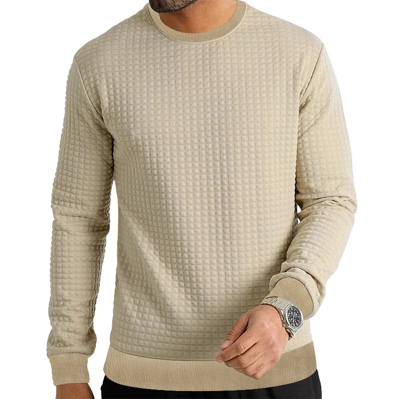 Men's long-sleeved round neck pullover in army green, slim fit polyester top