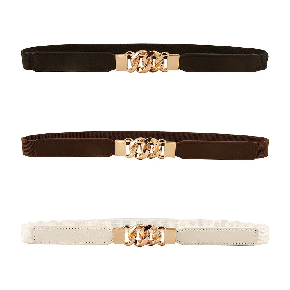 Women's fine leather waistband belt with multi-ring buckle in black, brown, and white