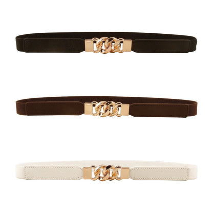 Women's fine leather waistband belt with multi-ring buckle in black, brown, and white