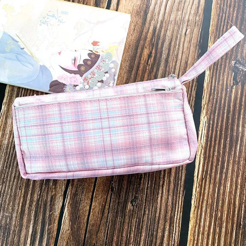Double-layer canvas stationery bag in square shape with casual stripe pattern showing colour options