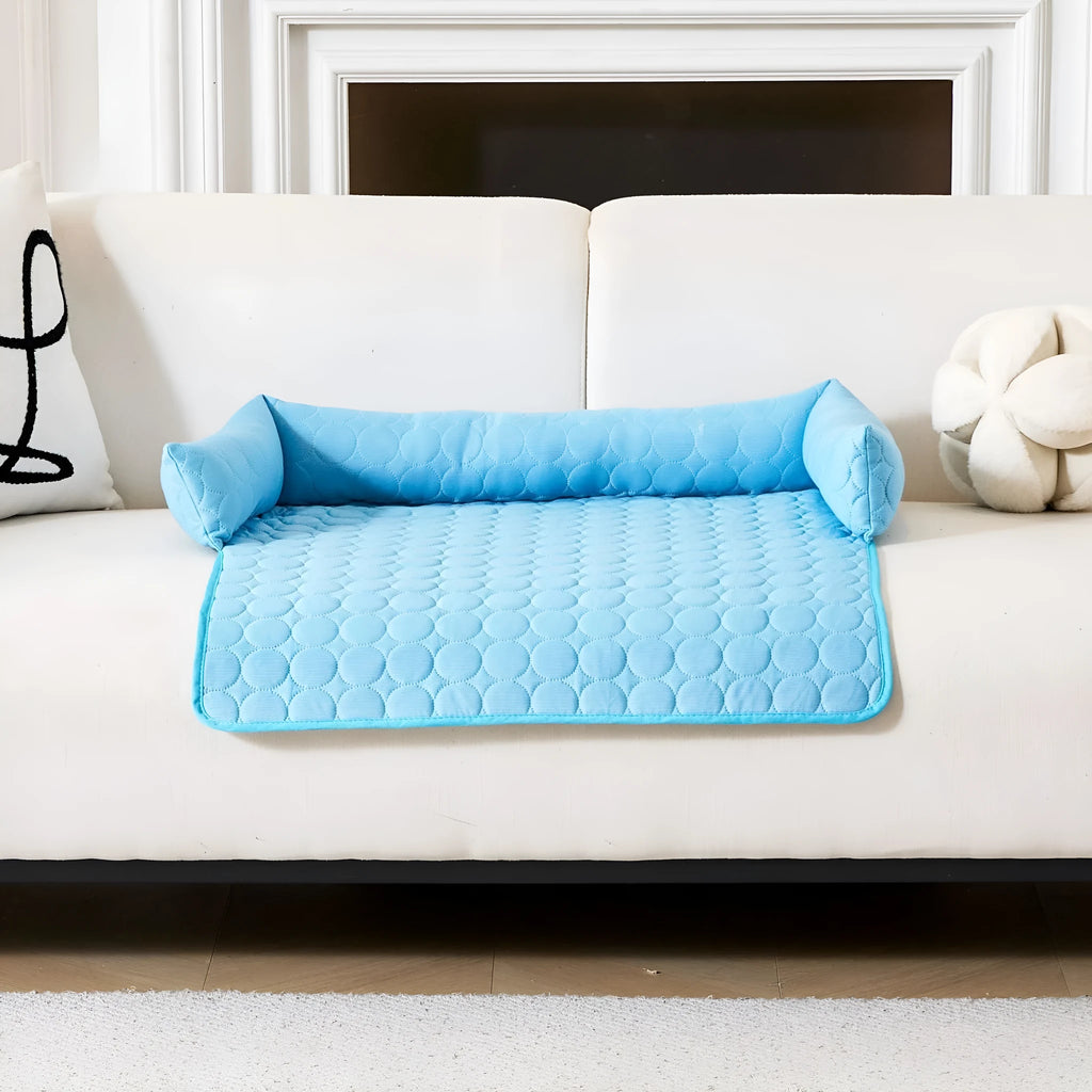 Round cool feeling pet sofa cushion in blue for dogs, 70x70cm size on floor
