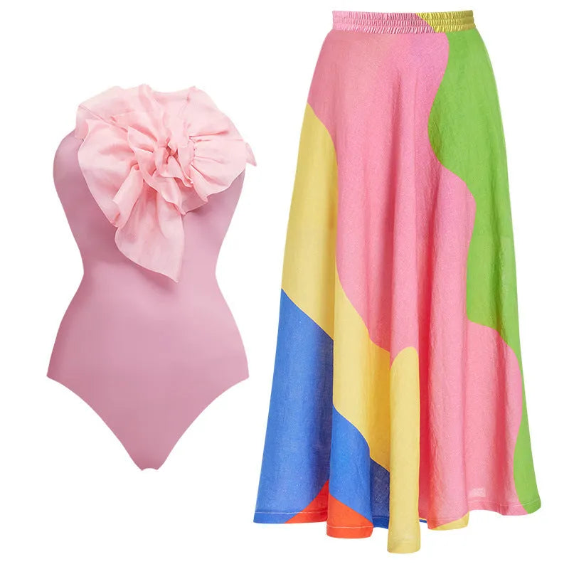 Women's deep V halter backless one-piece swimsuit in flower suit colour with skirt included